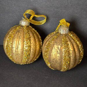 Frontgate Gold Glass Christmas Ornaments Set 2 Beaded Ribbed Crackle Finish 4"
